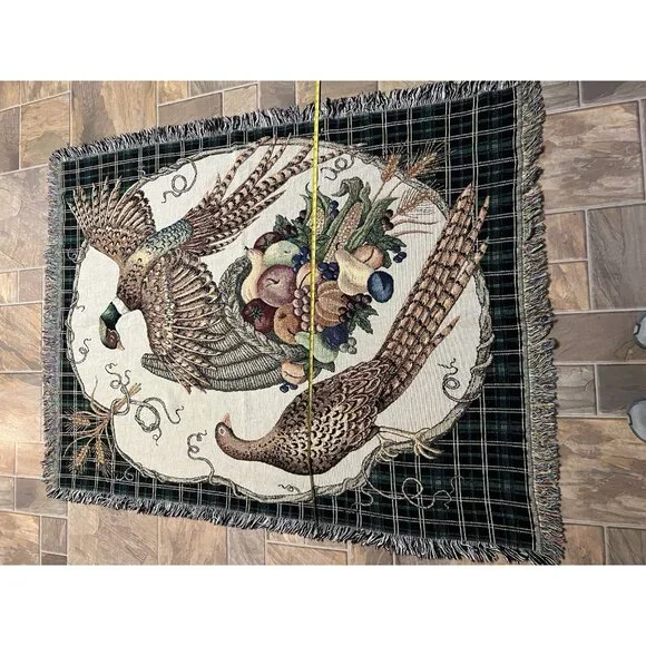 Vtg Tapestry Throw 52x68 Pheasant Cornucopia Harvest Cabin Lodge Fringe Blanket - Picture 6 of 13